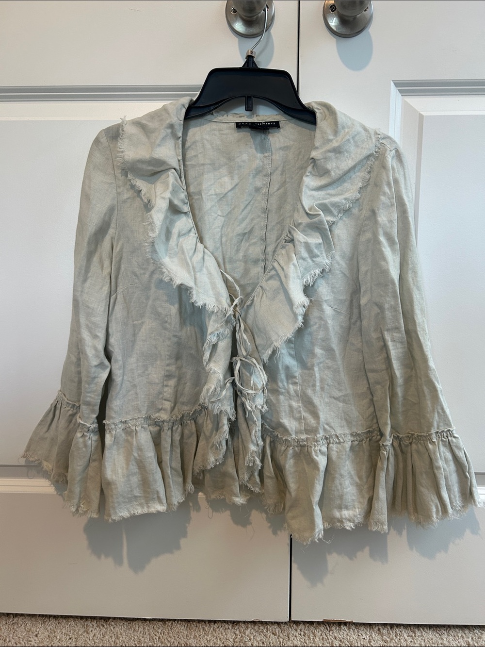 Light Gray 100% Linen Ruffle-Trim Women's Top